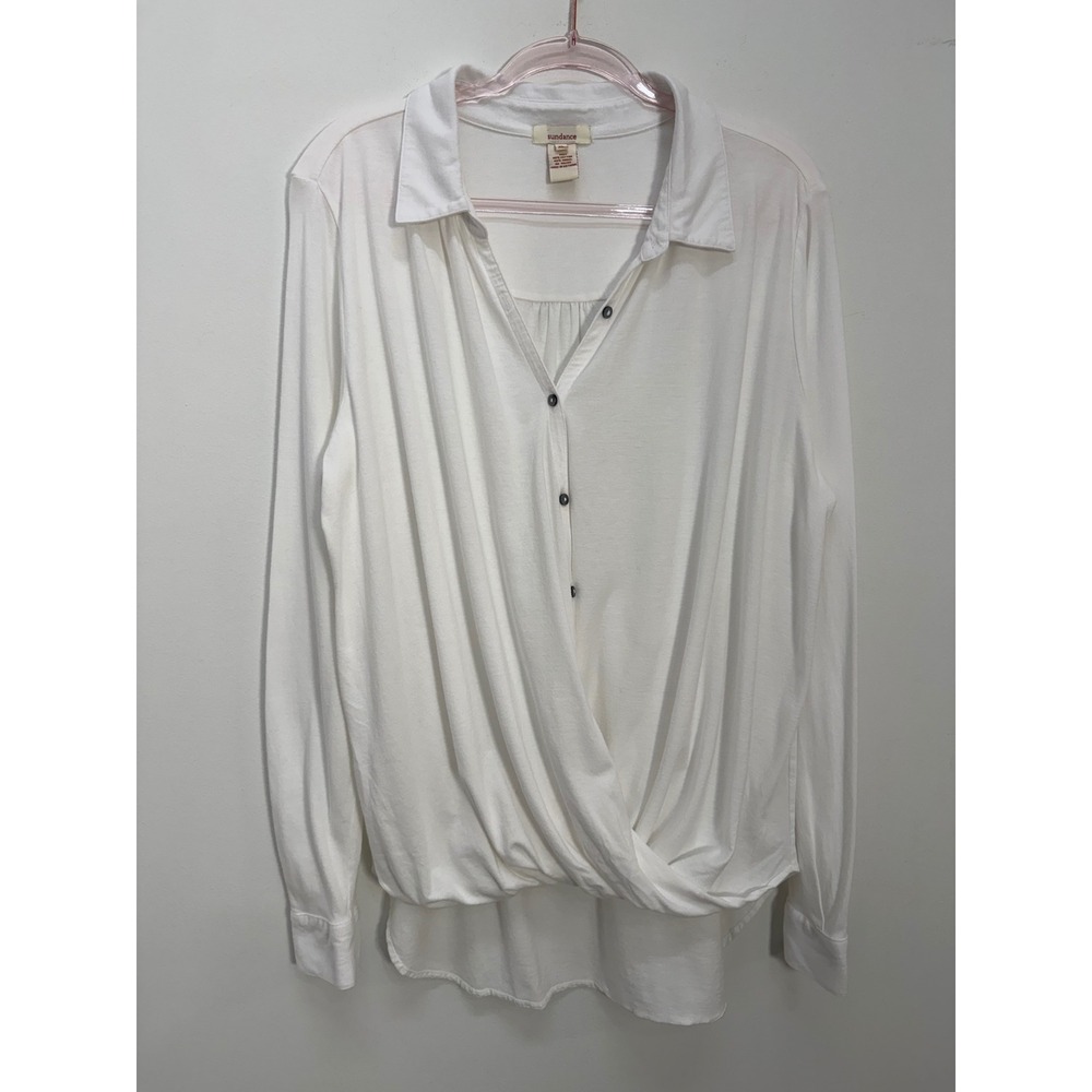 Sundance Wrap Front Button Down Top XL White Long Sleeve Cotton Modal Blouse